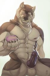 anthro anthro_only big_muscles birthday canine grin heartlessfang_(character) hi_res looking_at_viewer male male_only mammal muscular muscular_male nude penis rrowdybeast smile solo solo_male were werewolf wolf