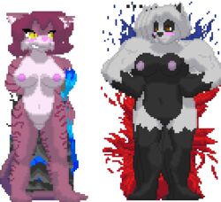 animated anthro badger bailey_rosworth big_breasts blaise_shirazi blush breasts burning clothing destroyed_clothing feline female flexing fur furry gif hair mammal muscular muscular_female mustelid nude pose purple_hair pussy short_hair smile sprite thick_thighs tiger torn_clothing transparent_background tsunamidusher undressing