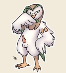 1boy 2016 avian beak bird blue_eyes brown_feathers cum dartrix feathers green_feathers jalle looking_at_viewer male male_only nintendo pokémon_(species) pokemon pokemon_sm smile smirk solo standing testicles text video_games watermark white_feathers white_wings wido_(jalle) wings