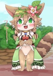 animal_humanoid artemis_(cat_busters) brown_hair cat_busters feline female furry green_eyes lifting_skirt long_hair nebura337 pee peeing pussy solo tears urination