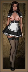 archer_(series) big_breasts big_nipples brown_hair candy_roach choker dark-skinned_female disguise exposed_breasts female french_maid green_eyes lana_kane maid_uniform mature_female no_bra secret_agent spy stockings tanline thighhighs unbuttoned_shirt undercover