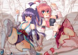 2girls amatsuki_meguru angel_rose angel_sapphire arm_up berosu black_bra black_panties blue_eyes blue_footwear blush bra breasts brown_eyes commentary_request crop_top detached_sleeves erect_nipples highleg highleg_panties highres japanese_clothes kimono kisaragi_sumire lifted_by_another long_hair lying magical_girl midriff miniskirt multiple_girls navel nipples no_bra obi on_back one_breast_out open_clothes open_kimono open_mouth panties pink_footwear pink_hair pink_legwear pink_panties pink_shirt ponytail purple_hair red_skirt ribbon sash shirt shirt_lift shoes skirt skirt_lift sleeveless sleeveless_shirt small_breasts spread_legs suggestive_fluid thighhighs thighs training_bra twin_angel twin_angel_break underwear white_legwear yukata