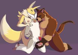 anthro avian balls bird breasts canine digimon female group male mammal nipples nude owl penis purple_background renamon sabrotiger simple_background straight yaoi zangu