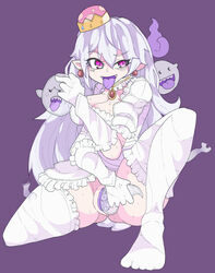 1girls boo_(mario) boosette clothing domaniax dress fangs female female_focus ghost long_hair luigi's_mansion mario_(series) new_super_mario_bros._u_deluxe open_mouth purple_background simple_background smile spread_pussy tongue tongue_out very_long_hair vore