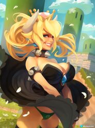 blonde_hair blue_eyes bowsette calm_(artist) cleavage crown dress earrings female genderswap horns large_breasts mario_(series) new_super_mario_bros._u_deluxe nintendo panties smile solo standing