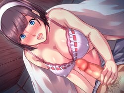 all_fours bare_arms bare_legs bare_shoulders blue_eyes blush bra breasts brown_hair censored cleavage erect_nipples erection female hairband handjob heavenstar_(studio) highres indoors large_breasts legs legs_apart looking_down lying mosaic_censoring natsuki_hajime open_mouth original pajamas panties penis ryourinin,_ore._oyakodon_ni_hamerareru shiny shiny_skin short_hair solo_focus surprised thighs under_covers underwear white_hairband