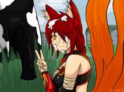 2018 ahri ahri_a_walla amber_eyes armor bestiality big_balls big_penis clothed cum cum_on_face digital_media_(artwork) fox_ears fox_girl fox_tail foxfire_ahri horse horsecock infernal_series league_of_legends red_hair riot_games smile straight v vastaya