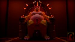 1boy 3d anthro balls belly bowser chair claws erection full_body hair indoors koopa looking_at_viewer male male_only mario_(series) musclegut nintendo nipples nude penis reyriders scalie sitting smile solo spikes super_mario_bros. testicles throne video_games