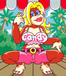 1girls 2018 anthro ape artist_logo artist_signature ass background bare_arms bare_hips bare_midriff bare_shoulders bedroom_eyes big_breasts blonde_hair blue_eyes breast_focus busty candy_kong clothed clothed_female color colored colored_background colorful crouching curvy detailed_background digital_media_(artwork) donkey_kong_(series) donkey_kong_country eyes female female_focus female_only full-length_portrait full_body hair half-closed_eyes hips jungle large_breasts legs legs_apart light_hair lips long_hair mammal midriff mouth navel nintendo outdoors pink_shorts playing_with_hair plump_lips primate ragnar_oktopod save_point seductive seductive_smile shoulders simian smile solo solo_focus spread_legs teasing thighs twirling_hair video_games voluptuous