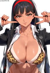 1girls ai-created ai_generated amagi_yukiko animal_print bangs big_breasts bikini bikini_tan black_hair black_jacket black_nails blush bra breasts brown_eyes clavicle cleavage clothing collared_shirt double_v female female_only fingernails gyaru hairband headwear hentai_hell high_resolution huge_breasts jacket large_breasts leopard_print long_fingernails long_hair long_sleeves looking_at_viewer nail_polish navel open_clothes open_shirt parted_lips persona persona_4 school_uniform shirt simple_background smile solo stomach swimsuit swimsuit_tan tanlines tanned thighs tsunoko_(artist) underwear uniform upper_body v white_background white_shirt