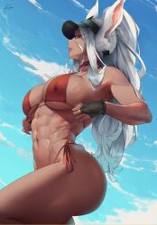 araneesama armpits beach big_ass big_breasts bunny_girl cap dark_skin eight_pack gloves holding_bra_strap long_hair miruko mommy my_hero_academia ponytail red_eyes red_lingerie red_neckwear six_pack usagiyama_rumi white_hair