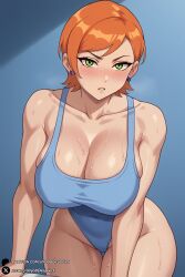 1girls ai_generated bare_shoulders ben_10 blue_background blush breasts cleavage collarbone covered_navel earrings green_eyes gwen_tennyson highleg huge_breasts jewelry large_breasts leaning_forward looking_at_viewer one-piece_swimsuit orange_hair parted_lips short_hair solo sweat swimsuit thighs unjobdespiert