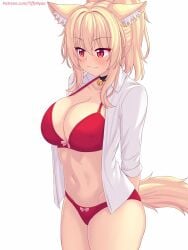 bell_choker bikini blonde_hair blush cat_ears cat_tail catgirl choker open_shirt tagme tiffy tiffynyaa