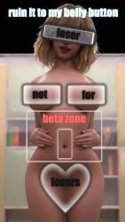 3d belly belly_button belly_focus beta_male beta_safe big_breasts big_hips blonde_hair breasts breasts_out censored_breasts censored_eyes censored_for_betas censored_pussy command commanding commanding_viewer curvy dominant_female domination femdom focus goon_caption gooner gooning heavily_censored hips hourglass_figure humiliation instructing instruction_to_viewer instructions jerk_off_instructions joi light-skinned_female light_skin looking_at_viewer looking_away looking_down naked naked_female navel navel_focus no_bangs nude nude_female pathetic riskyfake ruin_command ruined_orgasm ruined_orgasm_instruction standing talking_to_viewer