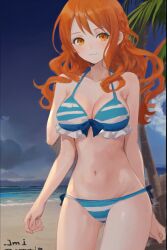 1girls :3 artist_request beach big_breasts big_thighs bikini blue_bikini blue_bikini_bottom blue_bikini_top cute cute_face female female_only light_skin nami nami_(one_piece) one_piece orange_hair post-timeskip sexyrnai_generated