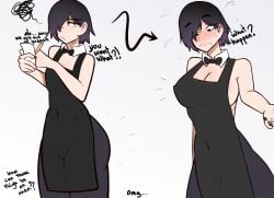 apron ass bowtie breast_expansion bulge busty_boy collar d4rkp3nis dark_hair femboy feminization large_breasts male_with_breasts nipple_bulge thick_thighs thighs waiter