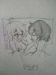 breasts floral_foxingdale imxr24 in_bed naked nude original_characters sleeping_together traditional_media_(artwork) wholesome