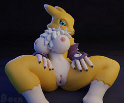 2018 3d anthro areola armwear bacn big_breasts blue_eyes breasts canine claws clothing digimon digimon_(species) female fur furry furry_only looking_at_viewer mammal mostly_nude naked nipples nude presenting pussy renamon renamon_(bacn) sitting solo spread_legs spreading thick_thighs topless tuft white_fur