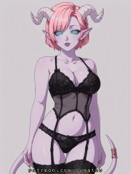 ai_generated blue_eyes blush dithering draenei female female_only horns lingerie pink_hair purple_body purple_skin sexy tail world_of_warcraft