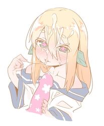 blonde_hair blush character_request cum facial female hair_between_eyes leaf long_hair off_shoulder penis raigou simple_background solo_focus symbol-shaped_pupils white_background