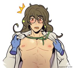 1boy abs bara big_pecs blush clothing_lift danganronpa forced_nudity glasses gokuhara_gonta hazeshot male male_only muscle new_danganronpa_v3 nipples nude pecs shirt_pull solo solo_focus yaoi