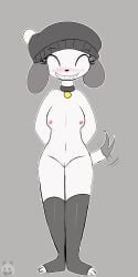 1:2 2d_animation animated anthro beanie breasts canid canine canis closed_eyes clothed clothing collar domestic_dog embarrassed female female/female female_anthro fifi_(somemf) floppy_ears fur genitals grin happy hat headgear headwear hi_res humanoid legwear mammal miyang_draws! mostly_nude motion_lines poodle pussy short_playtime signature slim small_breasts smile solo stockings tail tail_motion tapping_foot thin_legs thin_thighs topless traditional_media_(artwork) watermark white_body white_fur