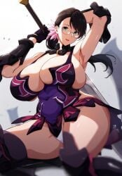 ai_due ai_generated armpits big_woman bigger_female black_hair cattleya gigantic_breasts glasses green_eyes huge_breasts huge_thighs light-skinned_female light_skin looking_at_viewer massive_breasts mature_female milf panties ponytail queen's_blade smiling sword thick_body thick_female thick_thighs thighs thighs_bigger_than_head voluptuous voluptuous_female