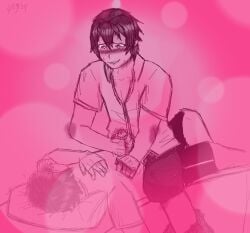 2boys ayato_aishi biting_lip blush fully_clothed gay genderswap_(ftm) heart-shaped_pupils leaking_precum male male_only masturbating masturbation pants_around_one_leg pants_down rule_63 sleeping somnophilia straddling_lap sweat taro_yamada unconscious unconscious_male yandere-kun yandere_simulator