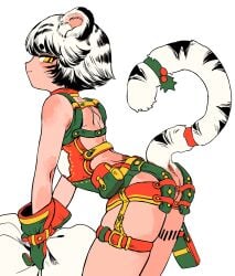 1boy absurdres animal_ear_fluff animal_ears anus backless_outfit black_hair christmas closed_mouth colored_tips commentary_request cowboy_shot garter_straps gloves green_gloves highres holly looking_at_viewer looking_back male_focus multicolored_hair original otoko_no_ko shima_(wansyon144) short_hair simple_background slit_pupils smile streaked_hair tail tail_raised tail_strap tiger_boy tiger_ears tiger_tail white_background white_hair yellow_eyes