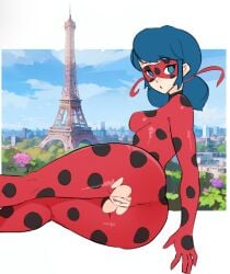 1girls ass ass_focus bagelfree blue_eyes blue_hair eiffel_tower female full_body ladybug_(character) looking_at_viewer marinette_cheng marinette_dupain-cheng miraculous:_tales_of_ladybug_and_cat_noir miraculous_ladybug pussy ripped_clothing ripped_clothing skin_tight skinsuit small_breasts solo solo_focus