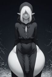 1boy ai_generated big_penis black_dress dress femboy femboyarashi ghost ghost_boy girly hair_covering_eyes huge_cock looking_at_viewer looking_down penis penis_under_clothes sissy wide_hips