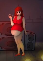 belly big_belly big_breasts black_eyes boombox brown_hair dress female friday_night_funkin girl girlfriend_(friday_night_funkin) high_heels huge_ass huge_belly huge_breasts huge_thighs light_skin smile stage underfertv vore vore_belly