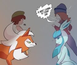 angry anthro argument dusk_lycanroc eeveelution female feral generation_4_pokemon generation_7_pokemon glaceon group hi_res human jewelry lycanroc male male/female mammal nintendo pendant pokemon pokemon_(species) smug smug_face standing stare tad_shummar_(artist) yelling yelling_at_another