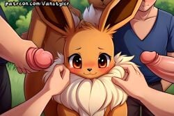 ai_generated blush eevee flashing_penis looking_pleasured nintendo penis pokemon pokemon_(species) public public_nudity zoophilia