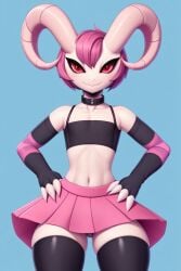 ai_generated arm_warmers armwarmer crop_top crossdressing femboy gay horn horns pink pink_hair red_eyes sissy skirt thick_thighs