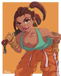 apex_legends breasts leaning_forward mutturi_mamer18 nipples orange_bottomwear rampart_(apex_legends) wrench