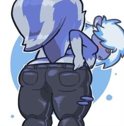 animated anthro ass big_butt bloo_berry blue_body blue_fur blue_highlights blush bottomwear clothing denim denim_bottomwear denim_clothing fluffy fluffy_tail fur furry hair hair_over_eyes highlights_(coloring) jeans lazyyysheep low_res male mammal mephitid nipple_piercing nipples pants perineum piercing presenting presenting_hindquarters pulling_pants_down skunk solo tail torn_bottomwear torn_clothing torn_jeans torn_pants white_hair