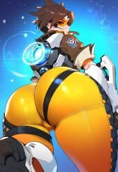 1girls ai_generated ass ass_focus bent_over bodysuit bomber_jacket brown_hair cameltoe from_behind goggles gun handgun huge_ass jacket looking_at_viewer looking_back orange_bodysuit overwatch overwatch_2 overweight short_hair sleeves_rolled_up solo spiked_hair thighs tight tracer weapon