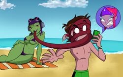 1boy 2girls alien alien_girl amphibian angry attea bare_shoulders beach ben_10 ben_10_omniverse ben_tennyson big_breasts bikini bikini_bottom bikini_top breasts brown_hair busty cartoon_network cellphone cleavage clenched_teeth curvy day detailed_background drooling erect_nipple erect_nipples ester ester_(ben_10) female freckles frog frog_girl front_view g-string goggles goggles_on_head green_lips green_skin grimphantom hand_on_hip headgear helmet highleg_bikini holding_object hourglass_figure human humanoid implied_cheating implied_sex incursean interspecies jealous long_tongue lying male male_human/female_alien male_human/female_humanoid marking midriff multiple_females multiple_girls open_mouth outdoor outside phone princess red_eyes royalty saliva sand seductive seductive_smile skimpy smile straight string_bikini sweat swimsuit teenage tongue tongue_out towel underboob voluptuous water wide_hips yellow_sclera