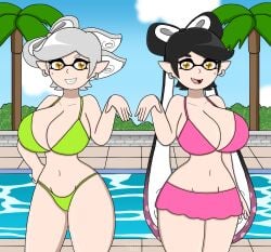 2girls big_breasts bikini breasts callie_(splatoon) cleavage dreamvariety female female_only huge_breasts inkling_girl marie_(splatoon) nintendo open_mouth splatoon splatoon_(series) squid_sisters swimsuit