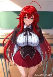 ahoge ai_generated artist_name bangs black_bow black_bowtie black_capelet black_corset blue_eyes blush bow bowtie breasts brown_capelet capelet chair chalkboard classroom collared_shirt corset crossed_bangs desk female grin hair_between_eyes hair_intakes high_school_dxd huge_ahoge indoors juliatitusart kneehighs large_breasts long_hair long_sleeves looking_at_viewer miniskirt parted_lips patreon_username pleated_skirt red_hair red_skirt rias_gremory school_desk school_uniform shirt sidelocks skirt smile socks solo standing teeth thighs underbust very_long_hair white_shirt white_socks