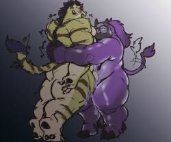 anthro ass bear_hug bearhug belly bodily_fluids cum duo exe_exem fur genital_fluids goo_creature hitachi_(tamacolle) male male/male musclegut muscular nude orgasm overweight striped_body striped_fur stripes tamacolle