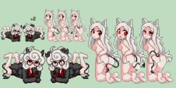 4girls breasts cerberus_(helltaker) demon demon_girl demon_horns demon_tail dog_ears female female_only helltaker horns multiple_girls pandemonica_(helltaker) pixel_art red_eyes tagme white_hair 青117色