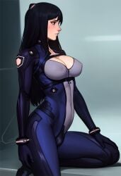 1futa abs athletic_futanari bangs beauty_mark big_breasts black_hair bodysuit breasts bulge bulge_through_clothing bulging_breasts cleavage clothed clothing emblem fully_clothed futa_only futanari highres human light-skinned_futanari light_skin long_hair looking_away nipple_bulge nipples pinup solo solo_futa spacesuit tarakanovich yuna_(tarakanovich)