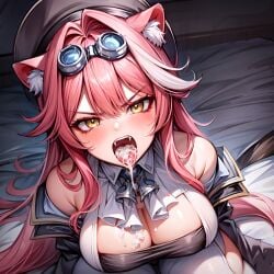 1girls after_fellatio after_oral ai_generated angry angry_face animal_ears arbitrary bare_shoulders cum cum_in_mouth cum_on_breasts fangs goggles goggles_on_head hat hi_res hololive hololive_english hololive_english_-justice- large_breasts open_mouth oral_creampie pink_hair raora_panthera stable_diffusion thighs tongue_out virtual_youtuber yellow_eyes