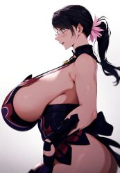 ai_due ai_generated big_woman bigger_female black_hair breasts_bigger_than_head cattleya fat_ass gigantic_breasts glasses green_eyes huge_breasts huge_thighs light-skinned_female light_skin massive_breasts mature_female milf ponytail queen's_blade side_boob solo_female thick_body thick_female thick_thighs thighs thighs_bigger_than_head voluptuous voluptuous_female