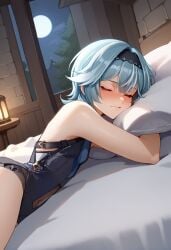 1boy ai_generated closed_eyes drunk eula_(genshin_impact) femboy genshin_impact laying_on_bed looking_at_viewer rule_63 sleep sleeping smile sshdtr88 tavern trap