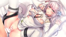 aruma_jiki bed blush cat_ears cat_tail censored cum_in_pussy damaged_clothes exposed_breasts final_fantasy final_fantasy_xiv grey_eyes hair_ornament jewelry miqo'te missionary pink_hair ring sweat tagme thighhighs thumb_ring white_clothing white_skin