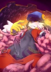 anthro balls black_fur blush clothed clothing erection feline feline fur gloves hat kicktyan klonoa klonoa_(series) male mammal partially_clothed penis tears tentacle uncut white_fur yellow_eyes