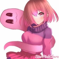 akumu_(glitchtale) bete_noire betty_noire brown_hair clothes cute_girl glitchtale kumu pink_eyes pink_hair short_hair skirt smiling star_pink_chara_(artist) wearing_clothes white_background